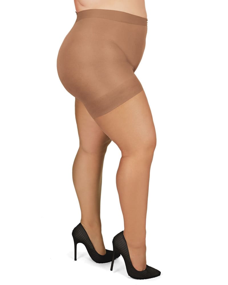 Side of a model wearing a size 5X-6X Plus Size Curvy Ultra Sheer Control Top Pantyhose in Honey by Memoi. | dia_product_style_image_id:299547